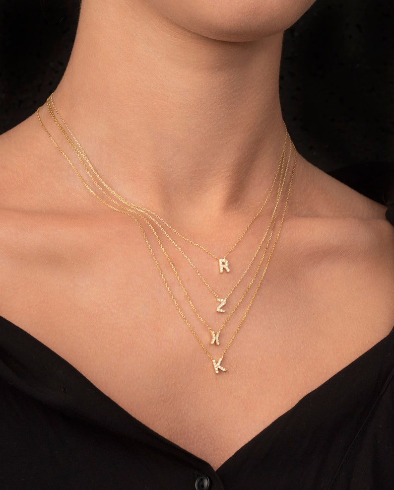 14K Solid Gold Diamond Initial Necklace / Diamond Letter Necklace / Dainty Initial Diamond Necklace / Name Monogram Necklace image 7