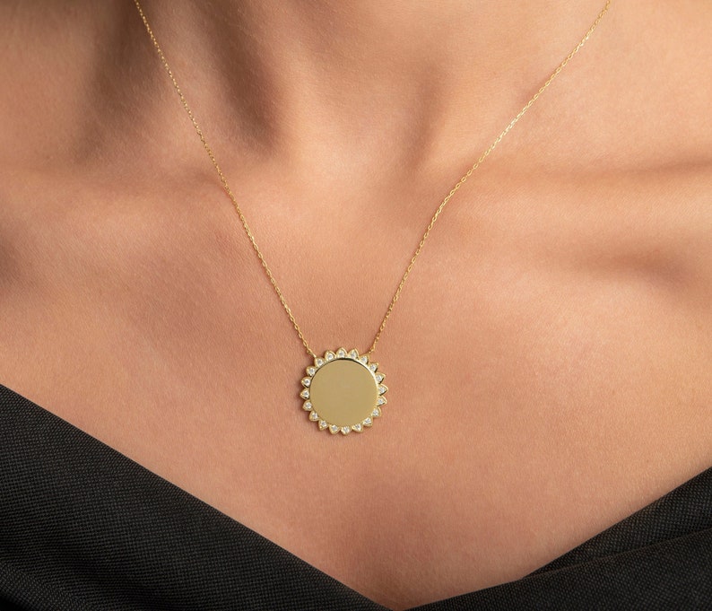 14k Solid Gold Circle Sun Pendant / Sun Pendant Necklace / Solid Gold Sun Pendant Necklace / Custom Necklace / Gold Necklaces for Women image 1