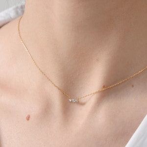 Dainty Solid Gold Diamond Necklace / Tiny Diamond Bar Necklace with Three Real Diamonds / Tiny Solid Gold Diamond Necklace/ Mothers Day Sale image 8