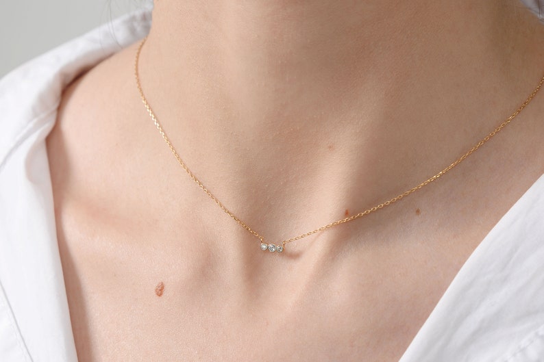 Dainty Solid Gold Diamond Necklace / Tiny Diamond Bar Necklace with Three Real Diamonds / Tiny Solid Gold Diamond Necklace/ Mothers Day Sale image 8