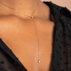 Diamond Lariat Y Necklace in 14k Solid Gold / Dainty Lariat Drop Chain Necklace / Layering Necklace / Gift for Her for Women