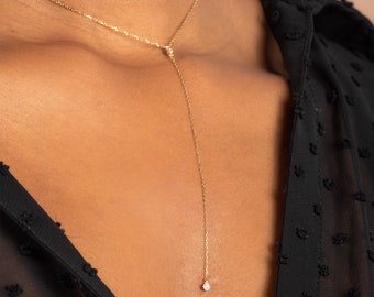 Diamond Lariat Y Necklace in 14k Solid Gold / Dainty Lariat Drop Chain Necklace / Layering Necklace / Gift for Her for Women