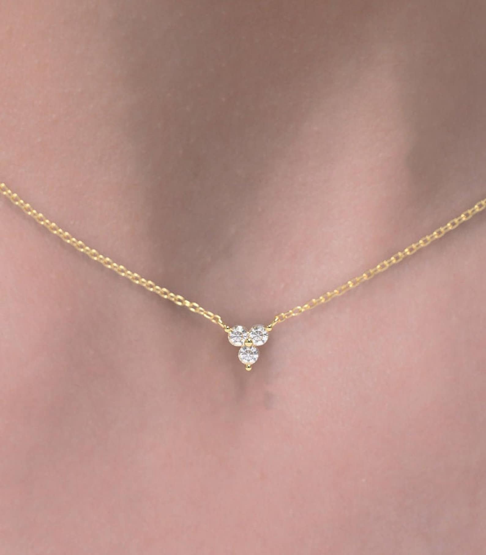14K Solid Gold Trio Diamond Necklace Tri Diamond Stone - Etsy