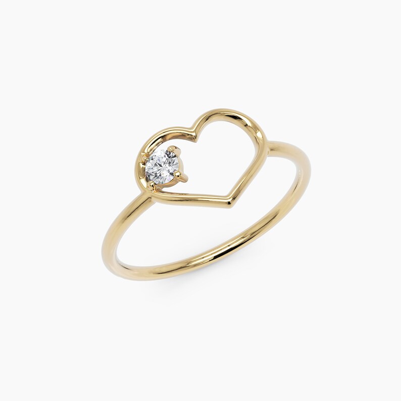Diamond Heart Ring, 14k Solid Gold Engagement Ring, White/Rose/Yellow Solid Gold Diamond Ring, Anniversary Ring, Gift for her image 8