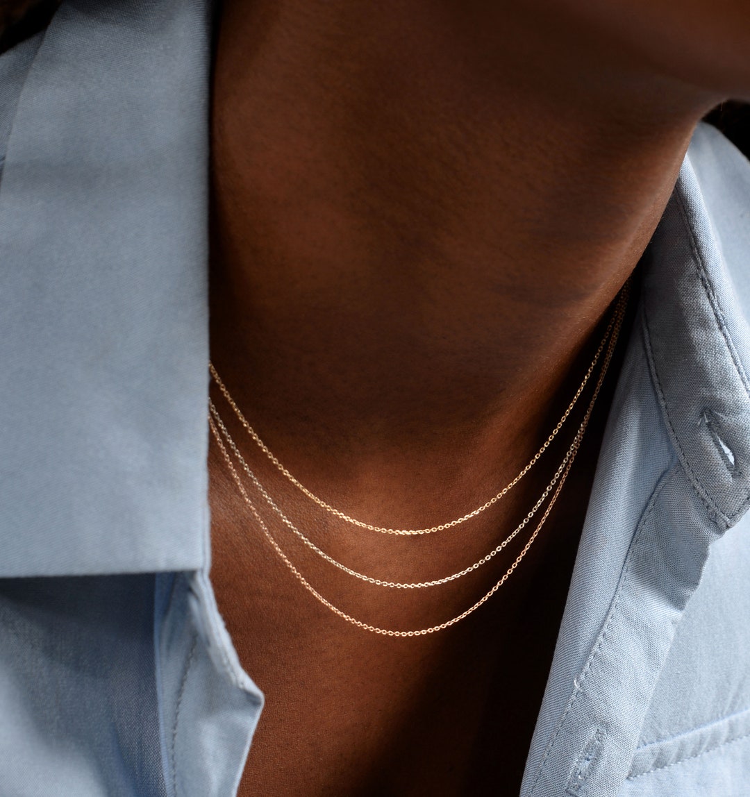 Solid Gold Layered Chain Necklace / 14K Solid Gold Layering Necklace / 3 Layer Chain Necklace ...