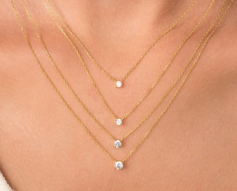 14K gouden diamanten halsketting, bijgevoegde diamant aan ketting, Diamond Solitaire ketting, bruidsmeisje ketting, diamanten halsketting, cadeau voor haar afbeelding 2