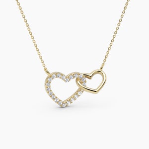 Interlocking Diamond Heart Necklace / Intertwined 14k Solid Gold Diamond Necklace / Two Heart Necklaces Meaningful Necklace / Gift for her image 3