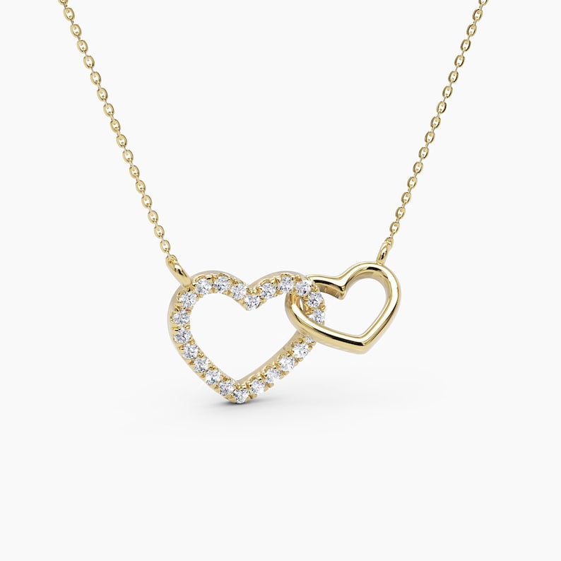 Interlocking Diamond Heart Necklace / Intertwined 14k Solid Gold Diamond Necklace / Two Heart Necklaces Meaningful Necklace / Gift for her image 3