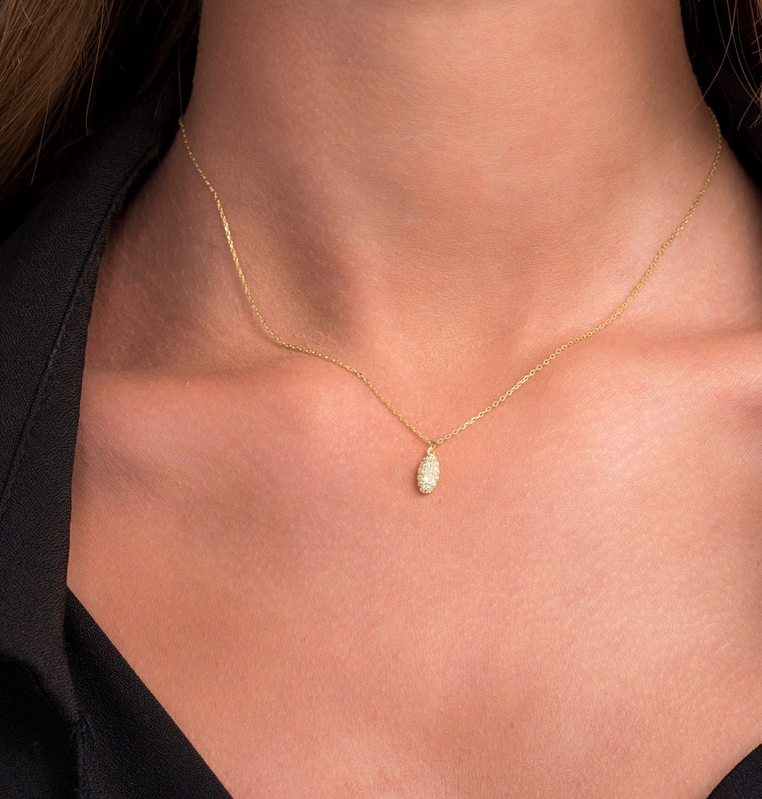 Diamond Teardrop Necklace, 14k Gold Pave Diamond Necklace, Minimalist