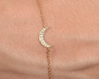 14K Diamond Moon Bracelet / Dainty Diamond Crescent Moon Bracelet / Solid Gold Celestial Moon Bracelet / Gold Diamond Half Moon Bracelet