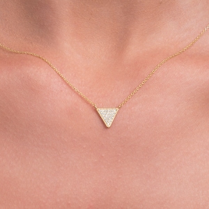 14k Gold Diamond Triangle Necklace: Dainty Geometric Pave Necklace