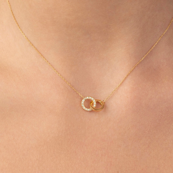 14k White Gold Double Circle Diamond Necklace