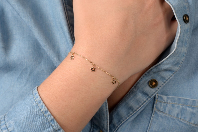 Solid Gold Star Bracelet Crescent Bracelet with Stars Moon Star Bracelet Crescent Moon Bracelet Dainty