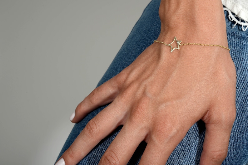 Diamond Star Bracelet Dainty Diamond Star Charm Bracelet Solid Gold Celestial Diamond Bracelet Tiny Diamond Solid Gold Star Bracelet