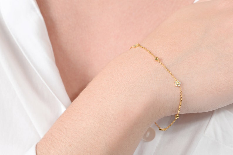 Gold Star Bracelet / 14K Gold Star Bracelet / Dainty Celestial Chain Bracelet / Double Side Star Enamel/Diamonds Bracelet / Bracelet for Mom image 4
