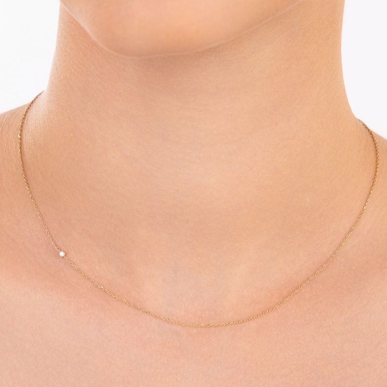 Kleine diamanten halsketting, sierlijke diamant choker ketting, 14k Solid Gold Diamond ketting, sierlijke diamant choker, cadeau voor haar afbeelding 1