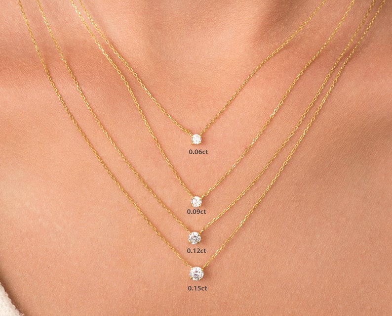 14K gouden diamanten halsketting, bijgevoegde diamant aan ketting, Diamond Solitaire ketting, bruidsmeisje ketting, diamanten halsketting, cadeau voor haar afbeelding 4