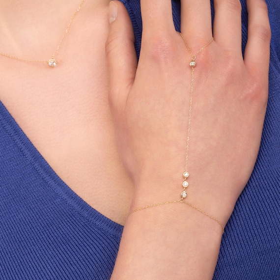 Hand Chain Diamond Bracelet in 14k Solid Gold | Bezel Set Station Slave Bracelet | Minimalist Hand Bracelet | Gift for her