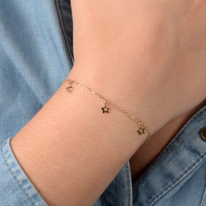 Moon Star Bracelet, Solid Gold Star Bracelet, Crescent Bracelet with Stars, Crescent Moon Bracelet/ Gift for Her  / 14k Gold Jewelry