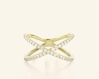 14k Diamant X Ring / Massiv Gold Ring / Criss Cross Ring / zierlicher minimalistischer Ring / Pointer Ring / Rose, Gelb, Weißgold