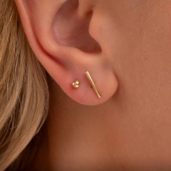 14k Gold Bar Earrings Minimalist Solid Gold Earrings, Dainty Bar