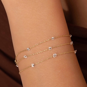 14K Solid Gold Diamond Station Bracelet / Invisible Setting Diamond Bracelet / Dainty Diamond Bracelet / 14K Real Gold Minimalist Bracelet