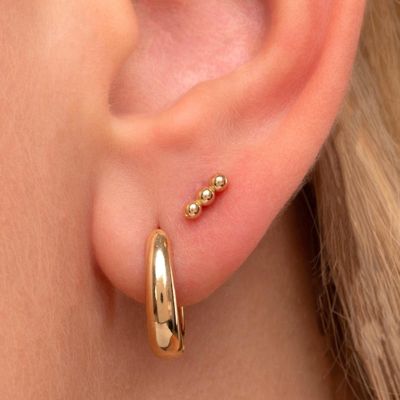 14k Solid Gold Sphere Bar Stud Earrings: Hypoallergenic Minimalist