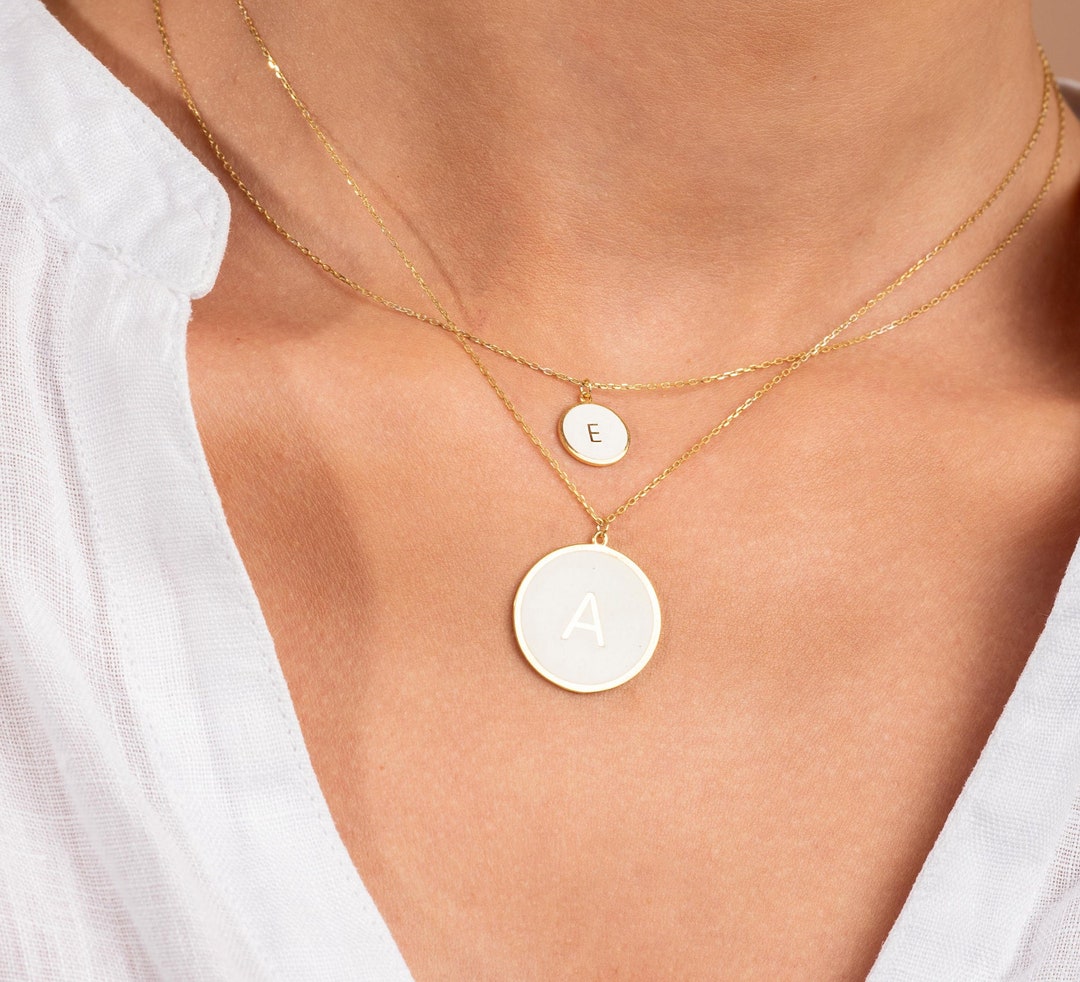 14k Solid Gold Enamel Letter Necklace / Personalized Enamel Etsy