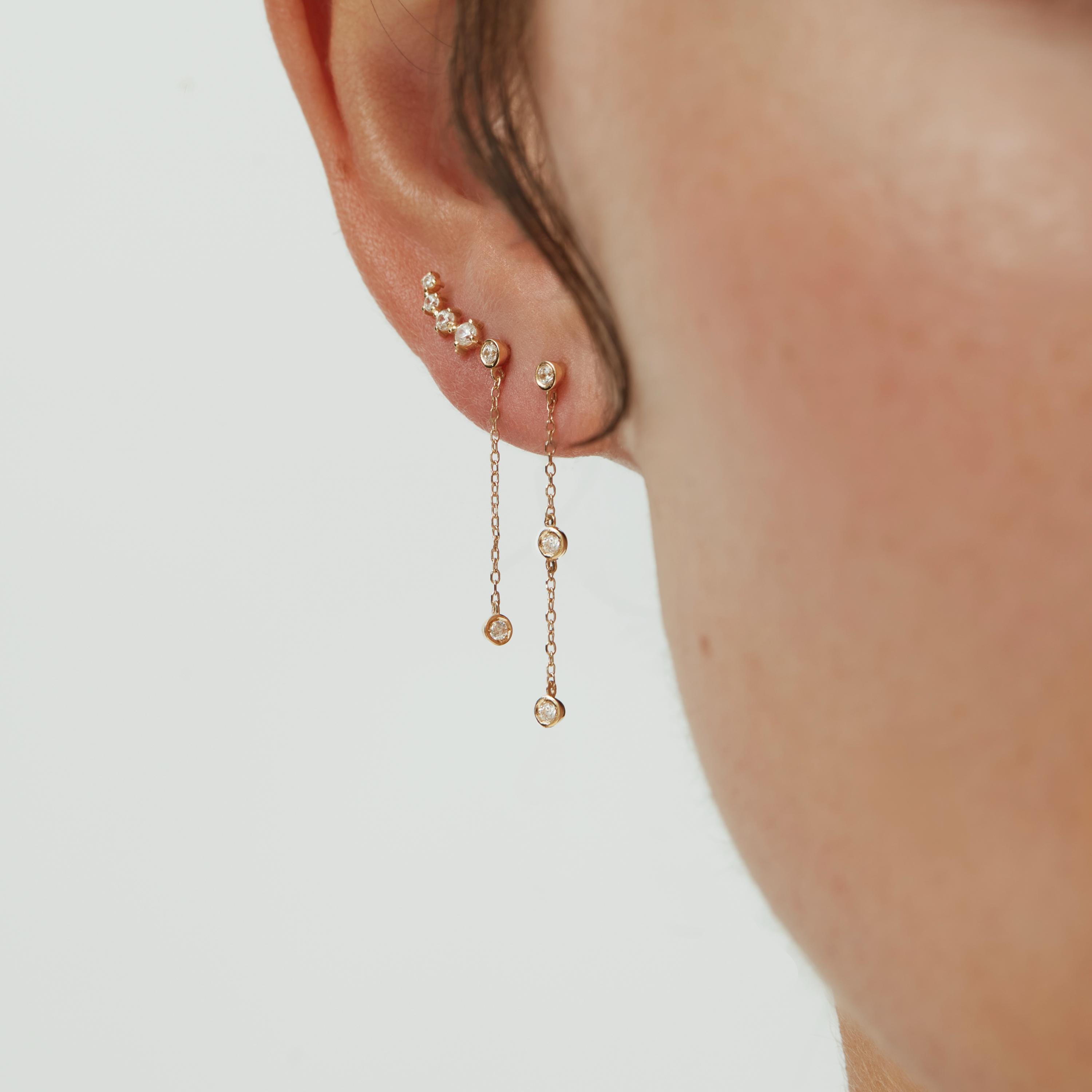 14k Solid Gold Three Diamond Station Drop Earrings: Dainty Bezel Long…