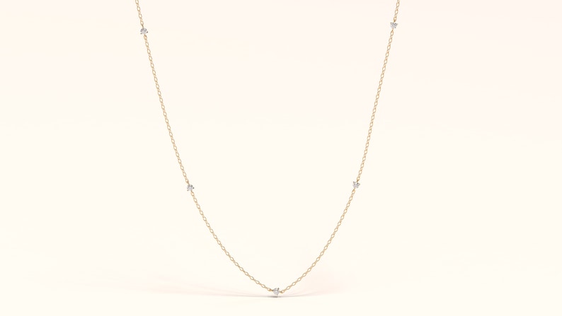 14k Gold Diamond Station Necklace, Solid Gold Station Necklace, 14k Diamond by the Yard Necklace, Layering Minimalist Necklace,Gift for her image 4