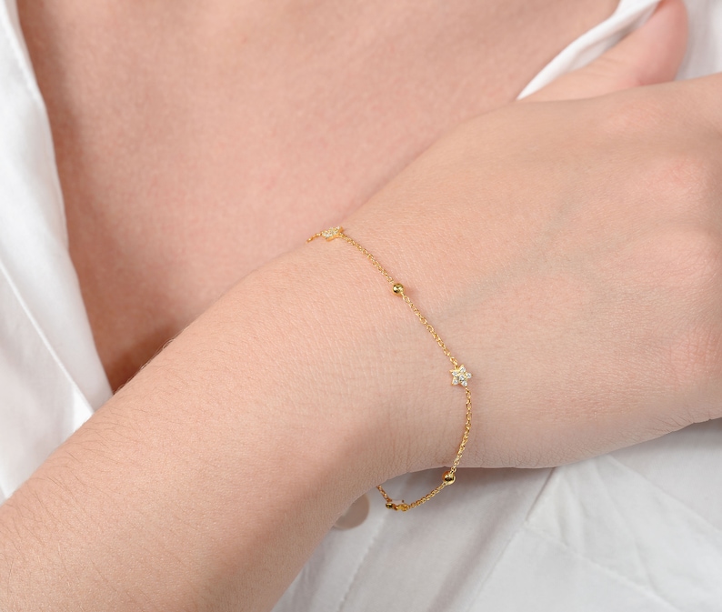 Gold Star Bracelet / 14K Gold Star Bracelet / Dainty Celestial Chain Bracelet / Double Side Star Enamel/Diamonds Bracelet / Bracelet for Mom image 1