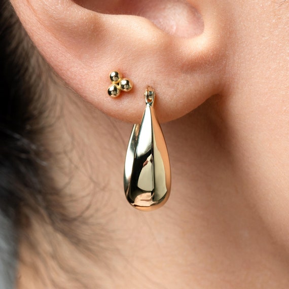 14k Solid Gold Teardrop Hoop Earrings: Chunky Minimalist Jewelry