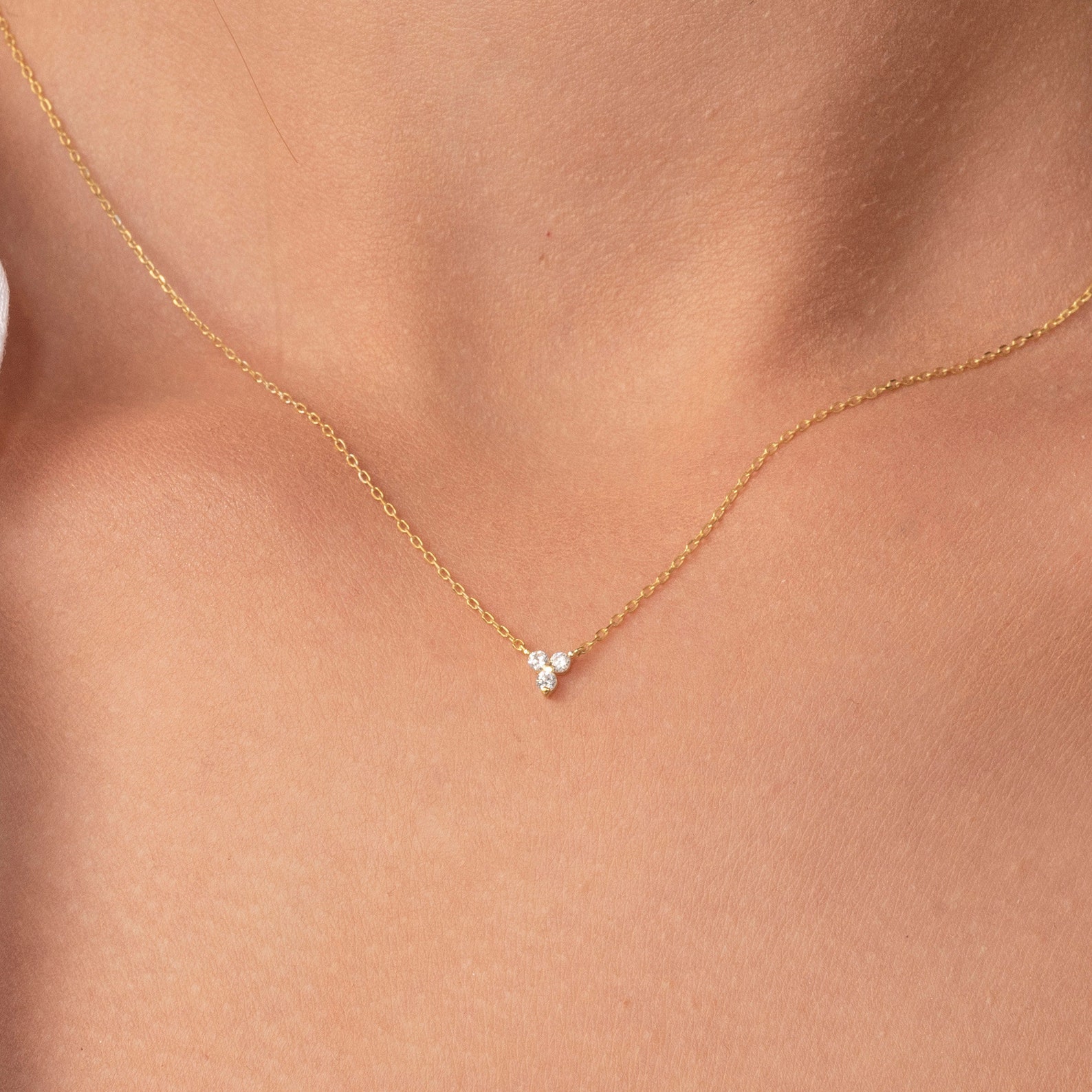 14K Solid Gold Trio Diamond Necklace Tri Diamond Stone - Etsy