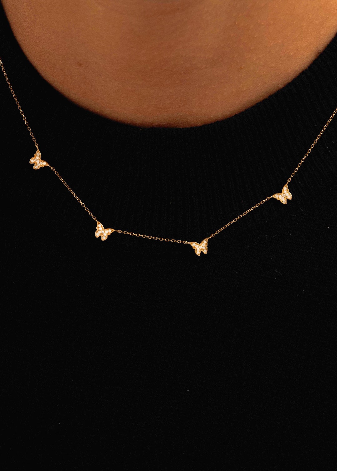 Gold-Plated Layered Necklace with Moon & Butterfly Charms – Trendy Fashion Jewelry