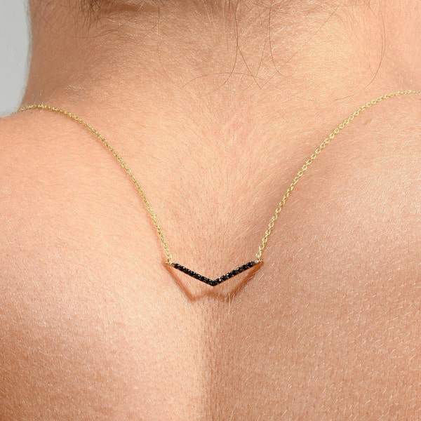 14k Solid Gold Chevron Necklace: Black Diamond V Pendant
