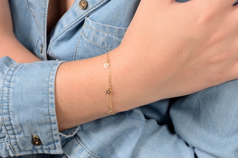 Solid Gold Star Bracelet Crescent Bracelet with Stars Moon Star Bracelet Crescent Moon Bracelet Dainty
