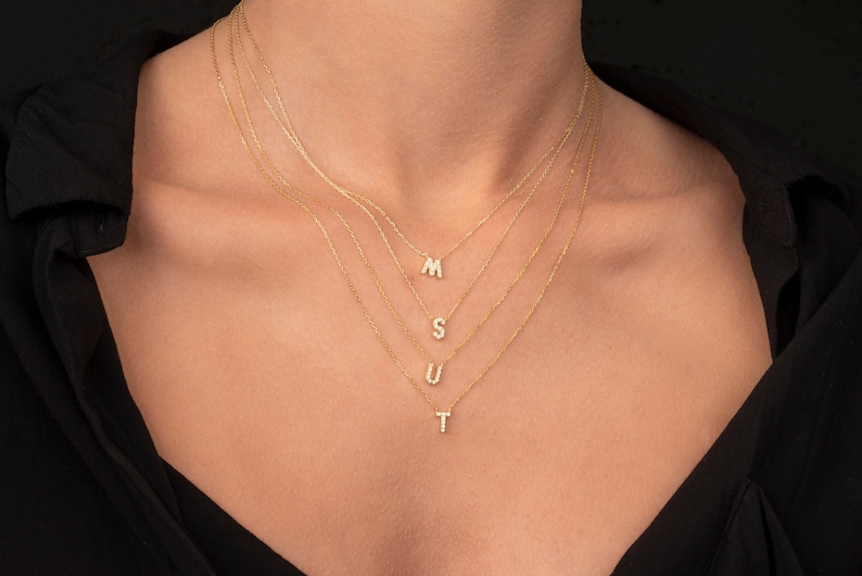 14k Solid Gold Initial Necklace, Dainty Diamond Initial Necklace, Pave Initial Necklace, Monogram Gold Necklace, Gift for Her image 8