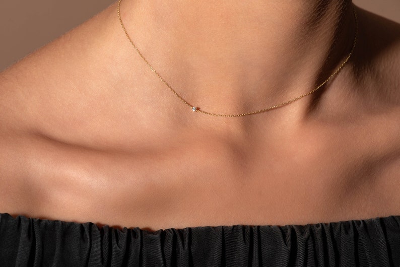 Kleine diamanten halsketting, sierlijke diamant choker ketting, 14k Solid Gold Diamond ketting, sierlijke diamant choker, cadeau voor haar afbeelding 2