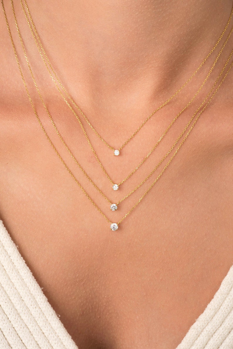 14K Gold Diamond Necklace, Attached Diamond On Chain, Diamond Solitaire Necklace, Bridesmaid Necklace, Diamond Necklace, Gift for her image 1