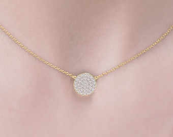 Round Pave Diamond Necklace / 14K Gold Circle Pave Diamond Necklace / Statement Necklace / Dainty Diamond Micro Pave Circle / Gift for her