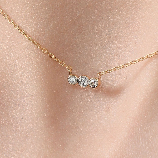 14k Gold Diamond Trio Necklace: Minimalist Bezel Solitaire
