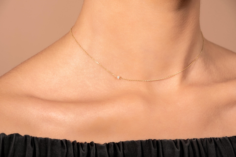 Kleine diamanten halsketting, sierlijke diamant choker ketting, 14k Solid Gold Diamond ketting, sierlijke diamant choker, cadeau voor haar afbeelding 4