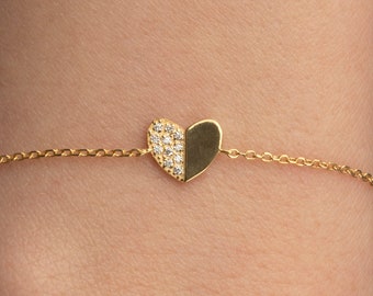 Pave Diamond Heart Bracelet / 14k Solid Gold Diamond Heart Bracelet with Diamonds / Love Heart Charm with Adjustable Chain / Gift for Women