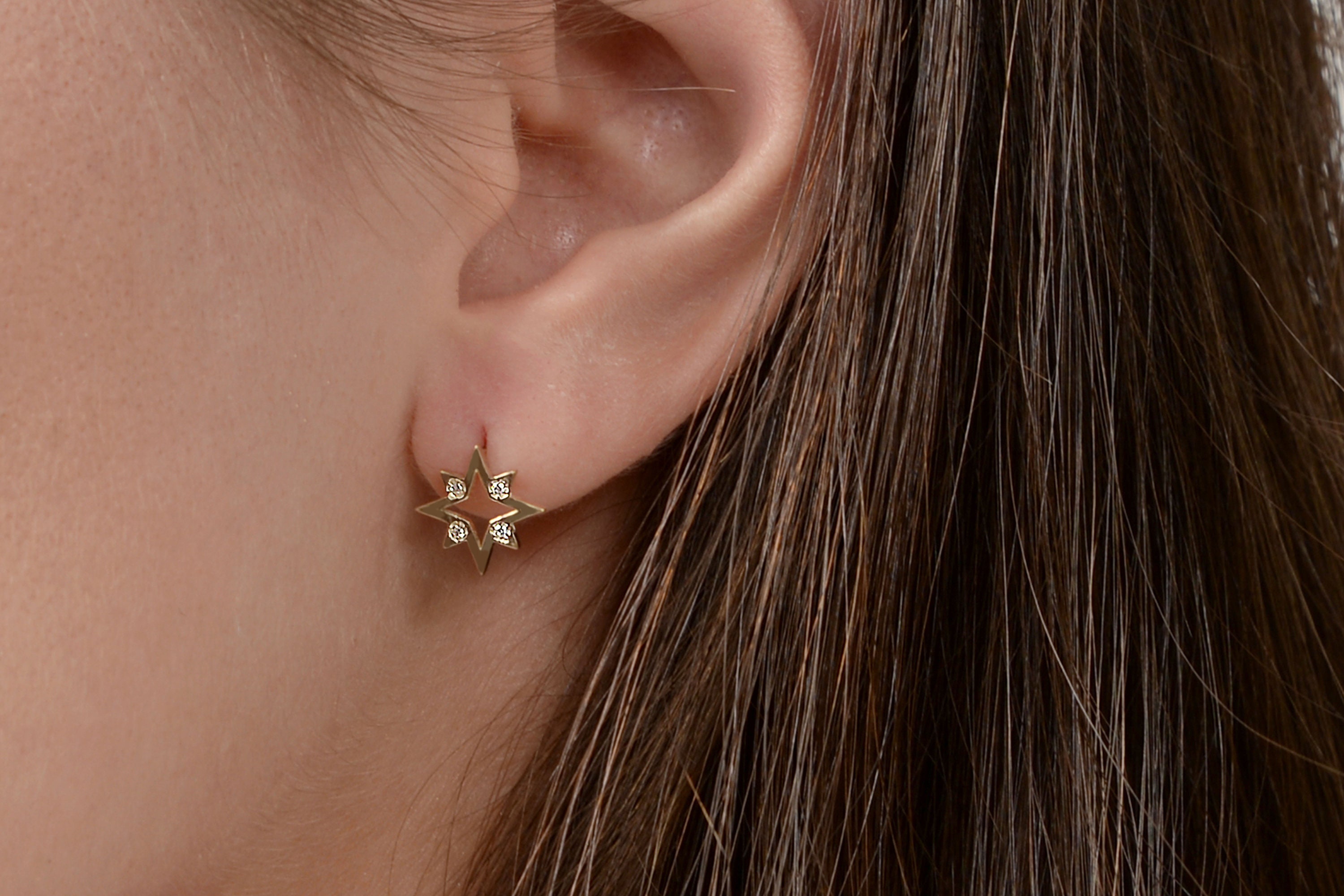 Diamond Northstar Earrings / 14K Solid Gold Northstar Stud