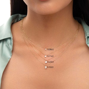 May include: Four gold necklaces with different sized oval-shaped diamonds. The diamonds are labelled with their carat weight: 0.06ct, 0.11ct, 0.22ct, and 0.32ct.