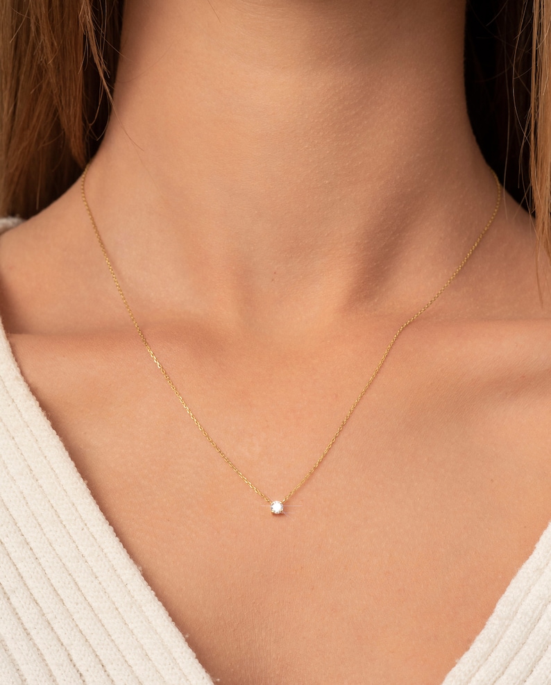 14K gouden diamanten halsketting, bijgevoegde diamant aan ketting, Diamond Solitaire ketting, bruidsmeisje ketting, diamanten halsketting, cadeau voor haar afbeelding 6