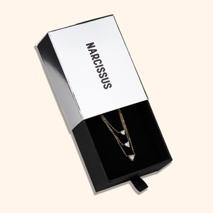 May include: A silver box with the word "NARCISSUS" printed on the top. The box is open and a gold necklace with three triangle-shaped pendants is inside.