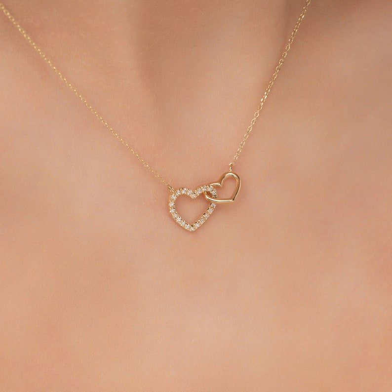 Interlocking Diamond Heart Necklace / Intertwined 14k Solid Gold Diamond Necklace / Two Heart Necklaces Meaningful Necklace / Gift for her image 2