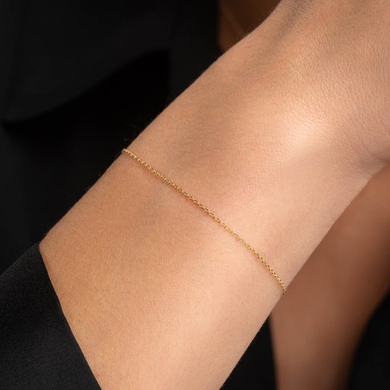 14K Solid Gold Chain Bracelet: Minimalist Cable Link, Adjustable