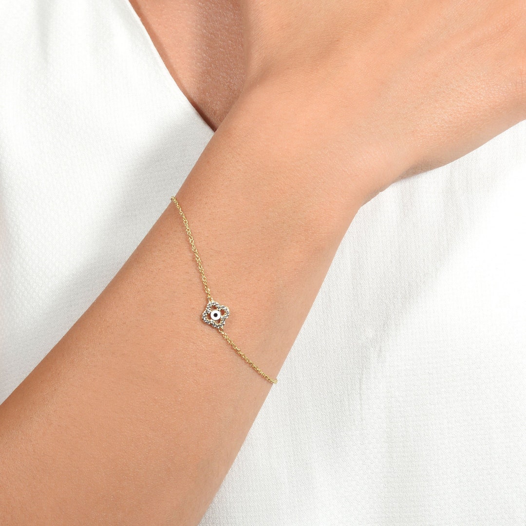 Flower Diamond Bracelet / 14K Solid Gold Evil Eye Bracelet With Real